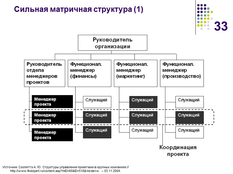 33 Сильная матричная структура (1)  Источник: Сооляттэ А. Ю. Структуры управления проектами в
